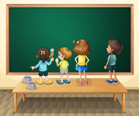 Children paintinging the blackboard in the room