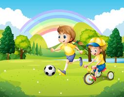 Boy and girl exercising in the park vector