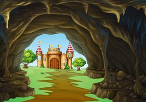 Far away kingdom with castle and cave