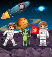 Tema del espacio con dos astronautas y alienígena con bandera. vector