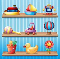 Three wooden shelves with different toys  vector