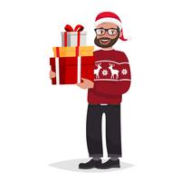 Un hombre con un suéter y un gorro de navidad. vector