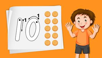 Boy with number ten tracing worksheets vector