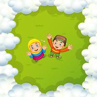 Two muslim kids waving hands vector