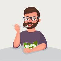 Hipster beard man is eating a salad.