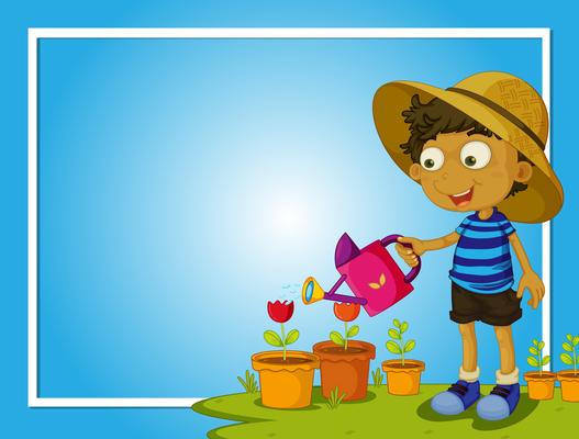 Border template with boy watering flowers