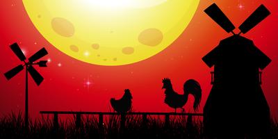 Silhouette scene with chickens on the farm vector