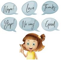 Girl and different speech bubbles with words vector