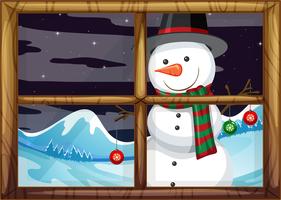 A snowman outside of the window vector