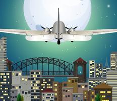 Airplane flying over urban city vector