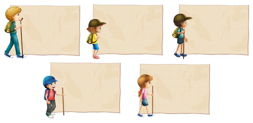 Paper template with kids with hiking stick