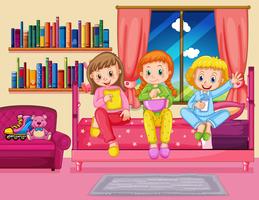 Three girls eating snack in bedroom vector