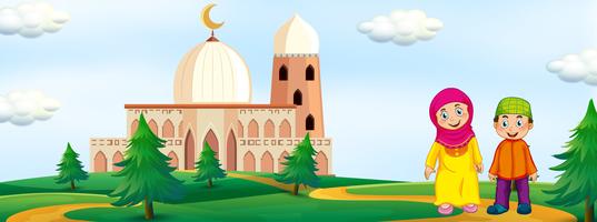 Muslim kids with mosque background vector