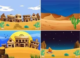 Four western land with buildings and cactus vector