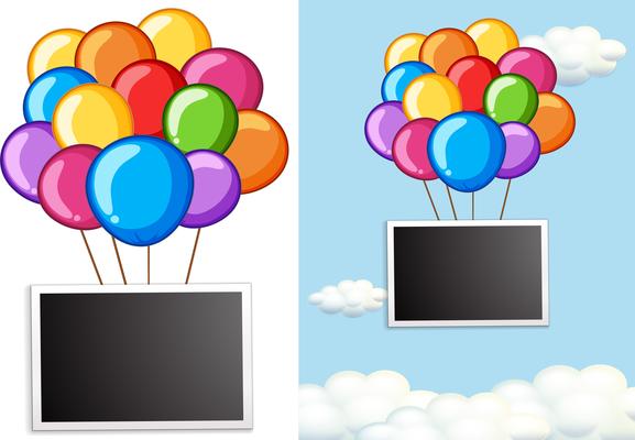 Border template with colorful balloons in sky