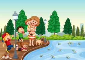 Mother and children at the park vector