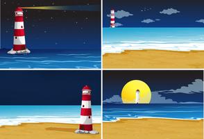 Cuatro escenas de fondo con faro en el océano. vector