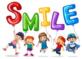 Niños felices y globos para la sonrisa de la palabra. vector