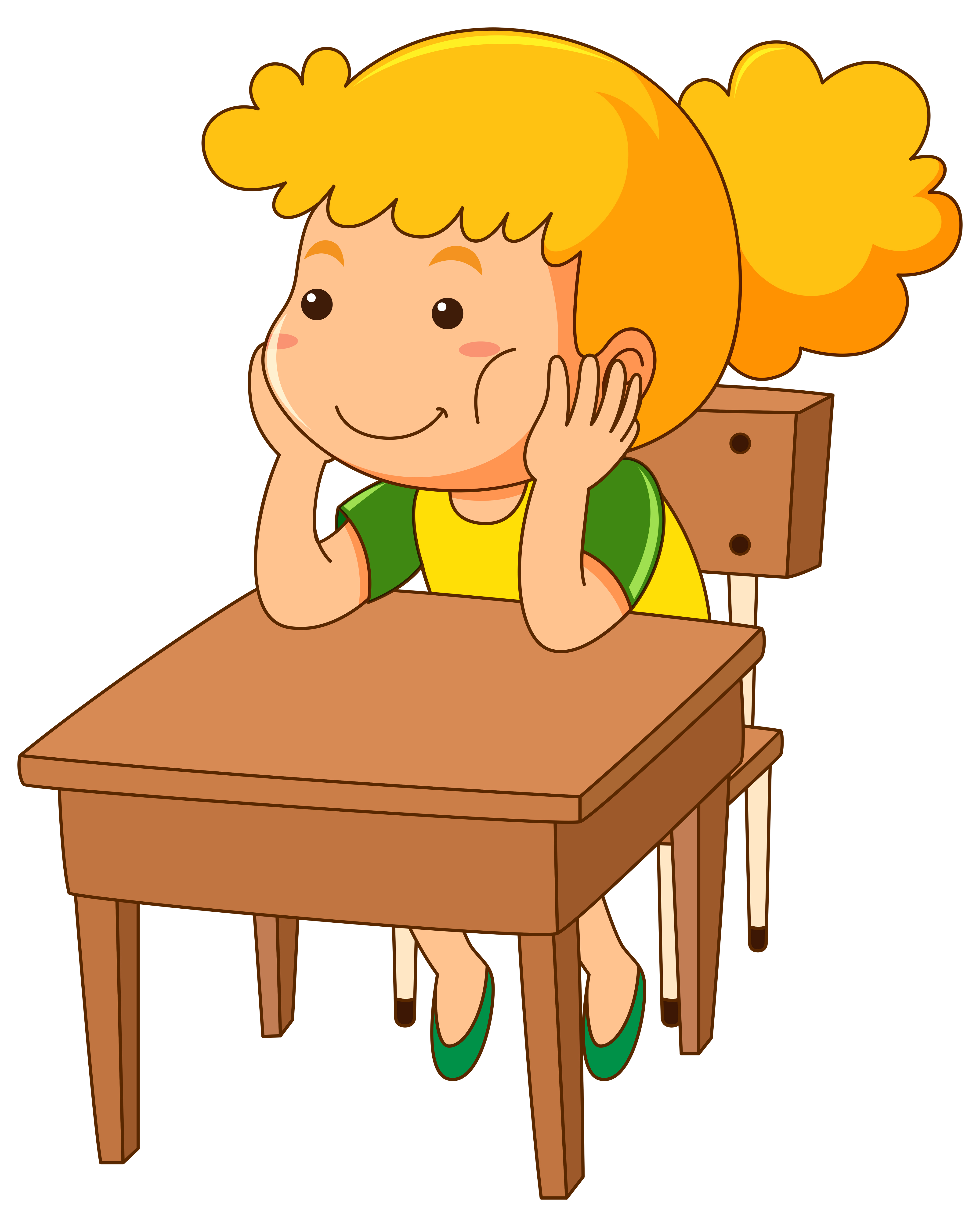 Girl Sitting On Wooden Desk Download Free Vectors Clipart.