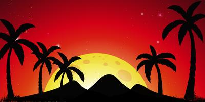 Silhouette scene with coconut trees and red sky vector