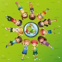 Many kids on green grass vector