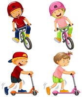 Urban Boys montando bicicleta y pateando scooter vector