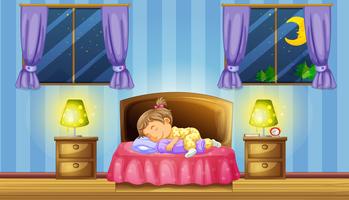 Little girl sleeping on pink bed vector