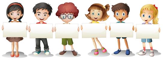 Six kids with empty signages vector