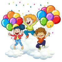 Tres niños felices con globos de colores vector