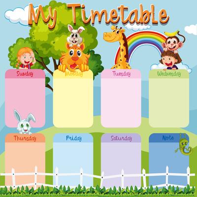 Timetable template with animals and kids