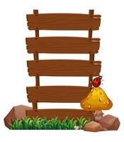 An empty wooden signboard with a bug at the top of the mushroom vector