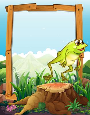 Wooden frame with frog jumping background