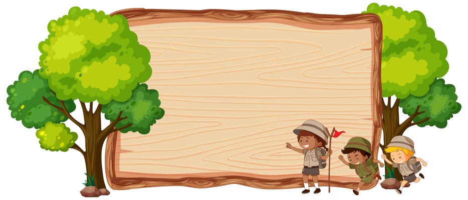 Camping kids on wooden banner