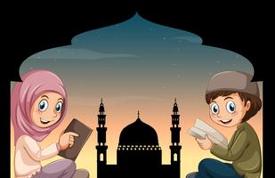 Niño musulmán y niña leyendo libros vector