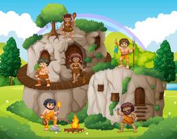 Cave people living in the stone house vector