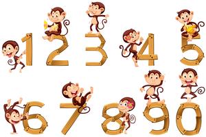 Número uno a diez con monos. vector