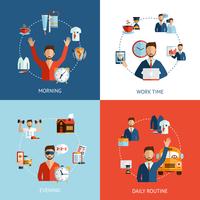 Businessman daily routine concept flat icons vector