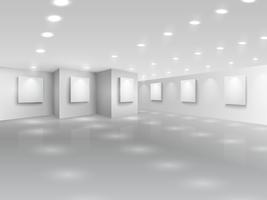 Realistic gallery hall with blank white canvases vector