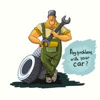 Auto mechanic with wrench and tires vector