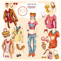 Hipster girl clothes set vector