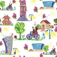 Doodle city colored seamless pattern vector