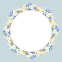 chamomile and forget-me-not flowers frame on vintage blue background vector