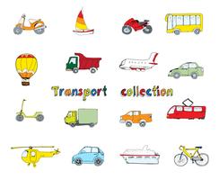 Transporte conjunto doodle coloreado. vector