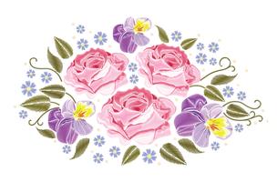 Flowers roses and pansies isolated on white background. Vector illustration. Embroidery element for patches, badges, stickers, greeting cards, patterns, t-shirts.