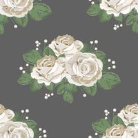 Retro floral seamless pattern. White roses on dark background. Vector illustration