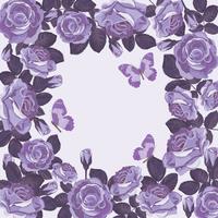Floral card template with violet roses and butterflies. Beautiful frame.