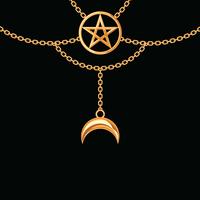 Background with golden metallic necklace. Pentagram pendant and chains. On black. Vector illustration