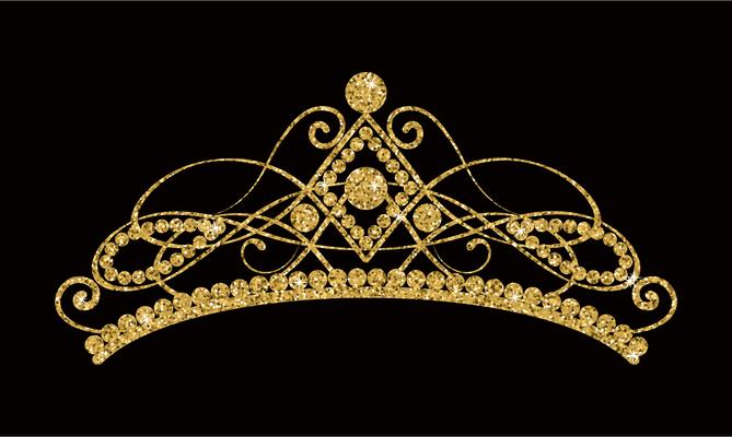 Glittering Diadem. Golden tiara isolated on black background.