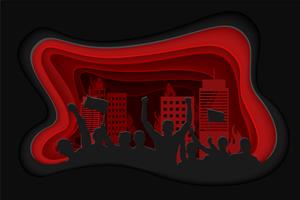 Paper art carving of silhouette of cheering or protesting crowd with flags and banners and cityscape. vector