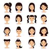 Caras bonitas de mujeres bonitas jóvenes con diferentes peinados. Chica de dibujos animados estilo plano hermosa. vector